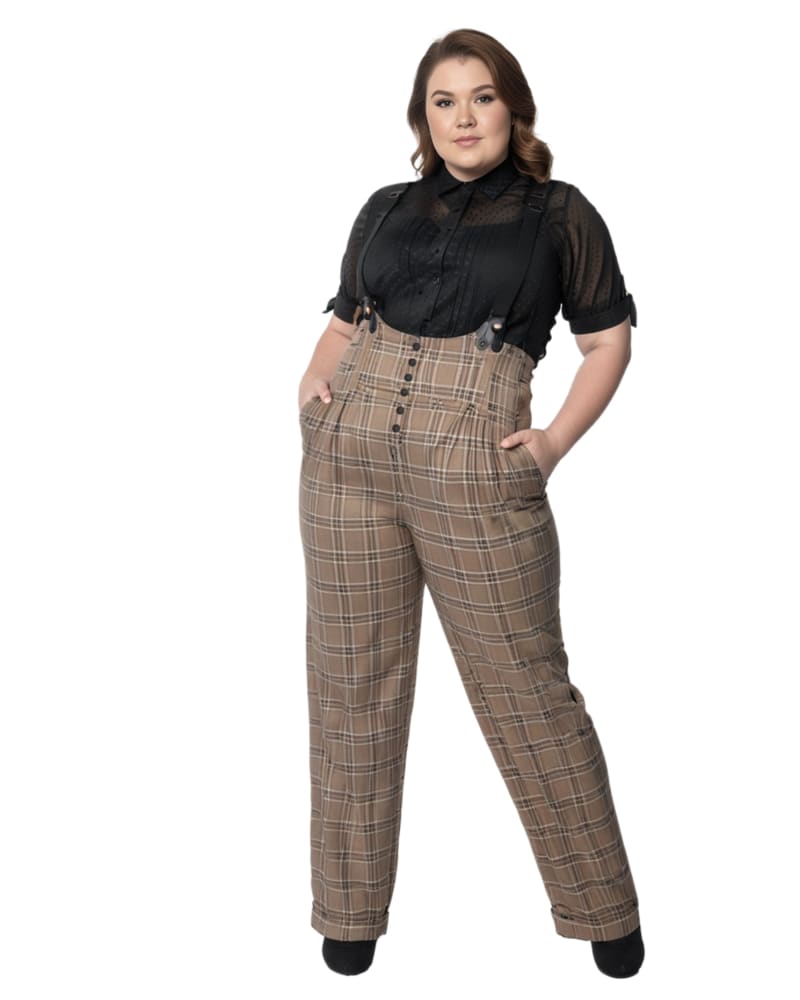 Front of a model wearing a size XL Unique Vintage Dark Beige Windowpane Thelma Suspender Pants in Dark Beige Windowpane by Unique Vintage. | dia_product_style_image_id:328562